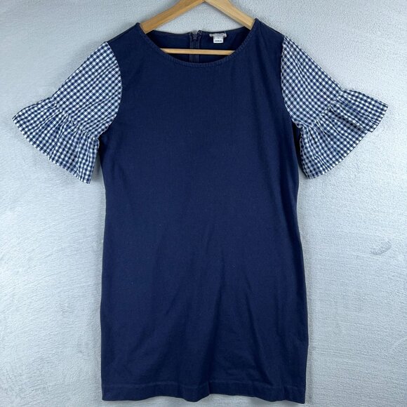J. Crew Women's Shift Mini Dress Gingham Print Bell Sleeve Back Zip Navy Size M - Picture 2 of 14